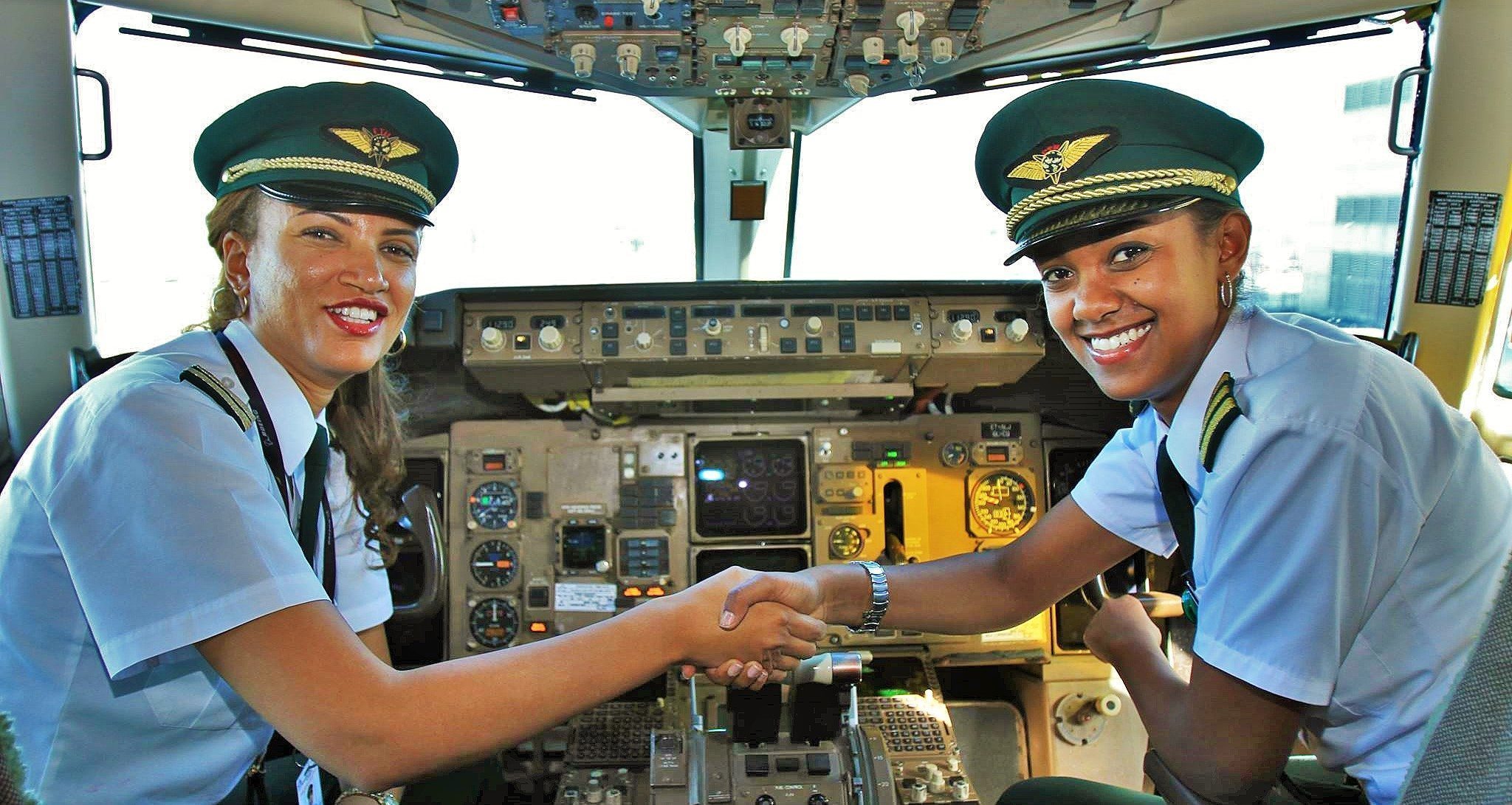 Female pilots in the cockpit of Ethiopian Airlines' first all-female flight.